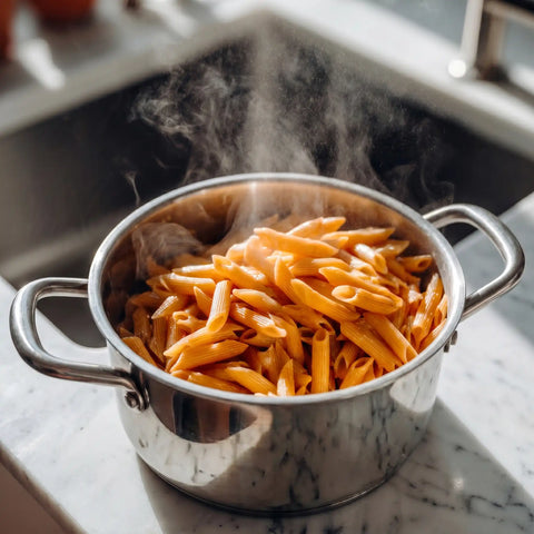 Steaming cooked penne pasta in a metal pot on a marble kitchen bench
