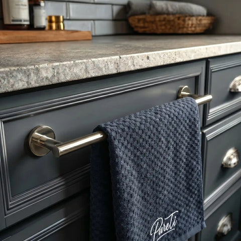 Navy PureTi waffle weave kitchen towel hanging on a towel rail in a gray kitchen