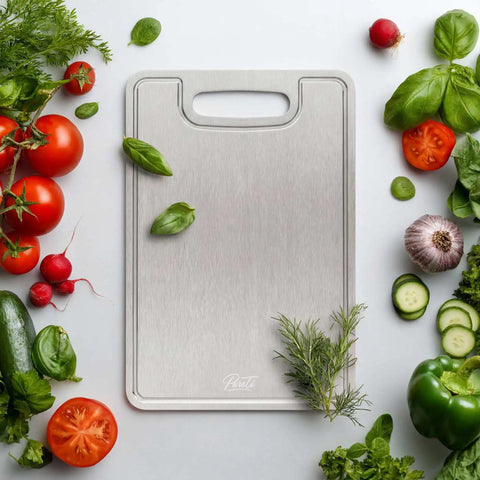 PureTi titanium cutting board surrounded by fresh tomatoes, radishes, cucumber, garlic and basil on a white surface