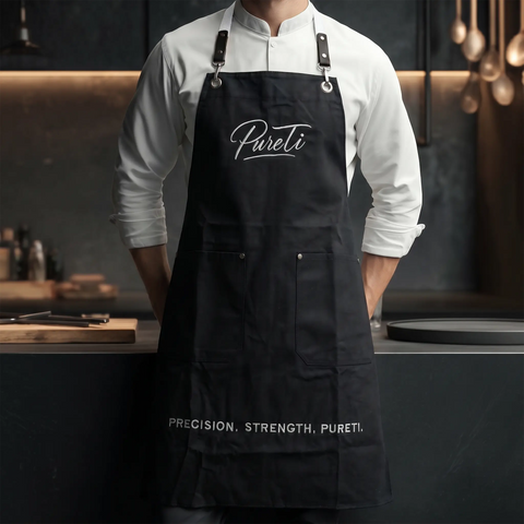 Person wearing a black apron with 'PureTi' branding in a kitchen setting.