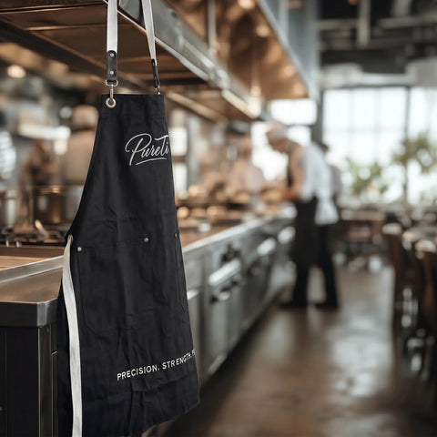 Black apron with 'Pureti' branding hanging in a kitchen.