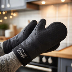Black oven mitts with a brand logo held by a person in a kitchen setting.