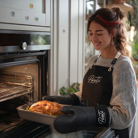 Person wearing a 'Pareti' apron and gloves, holding a tray with a dish, in front of an oven.
